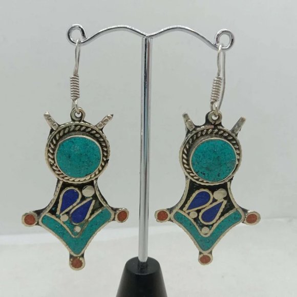 Turquoise Dangle Earrings, Nepalese Earrings, Turquoise Jewelry - Picture 1 of 6